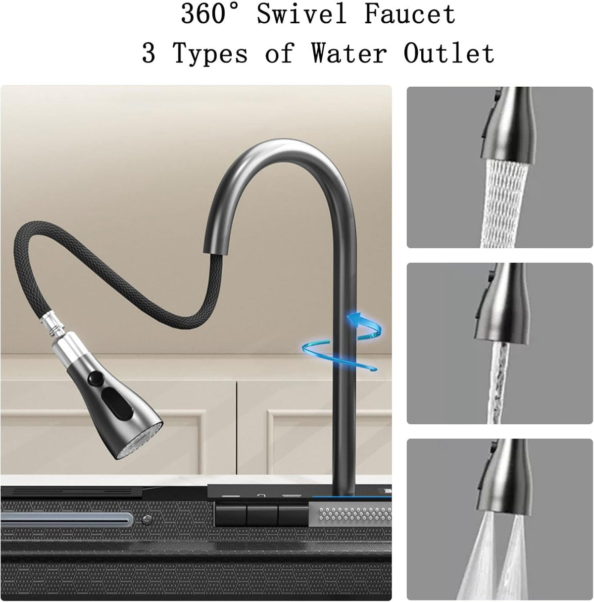 304 Stainless Steel Kitchen Piano Sink with Digital Display & Pull-Down Faucet – Black