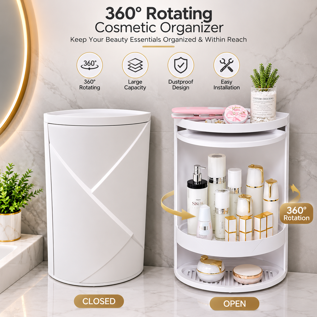 HNH 360° Rotating Bathroom Corner Cabinet – 2 & 3 Layer Wall Mounted Storage Organizer
