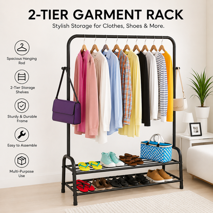 Clothes Hanging Stand with Shoe Rack – Heavy Duty Garment Rack for Home & Boutique