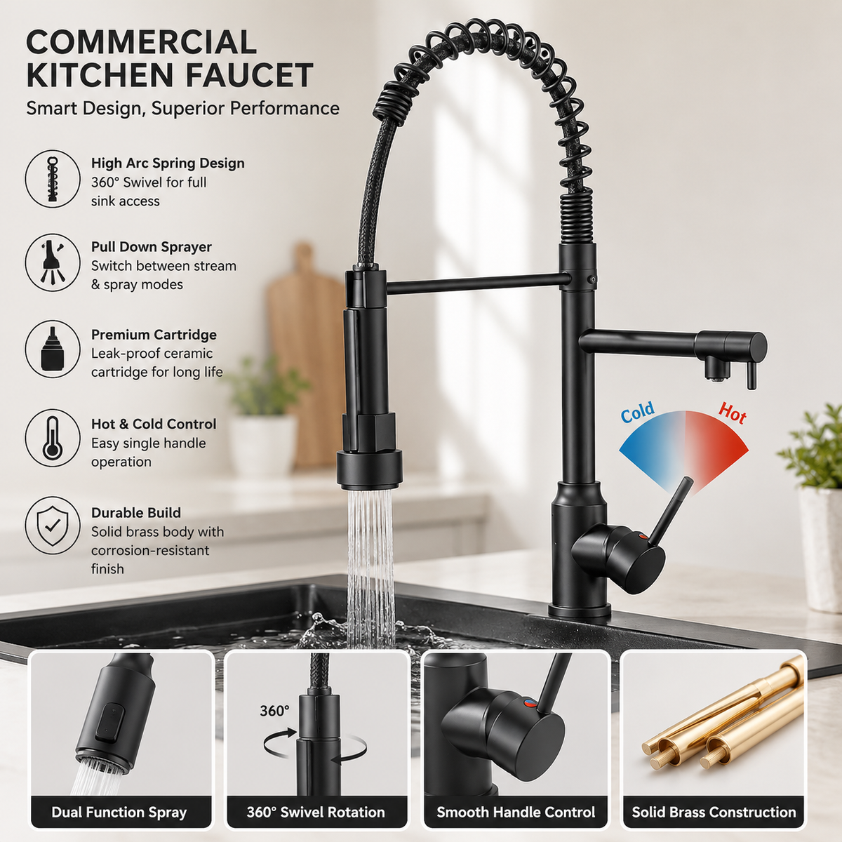 360° Pull-Out Spring Kitchen Faucet Mixer 3 in 1 – Hot & Cold Sink Spring Mixer Tap