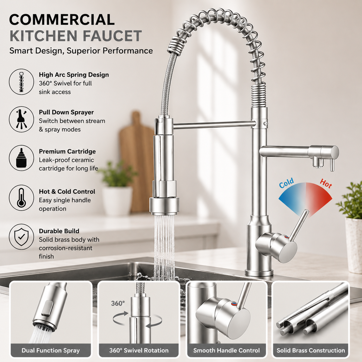 360° Pull-Out Spring Kitchen Faucet Mixer 3 in 1 – Hot & Cold Sink Spring Mixer Tap