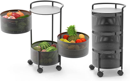 3/4/5 Tier 360° Rotating Stainless Steel Fruit & Vegetable Storage Rack with Wheels – Square & Goal Kitchen Basket