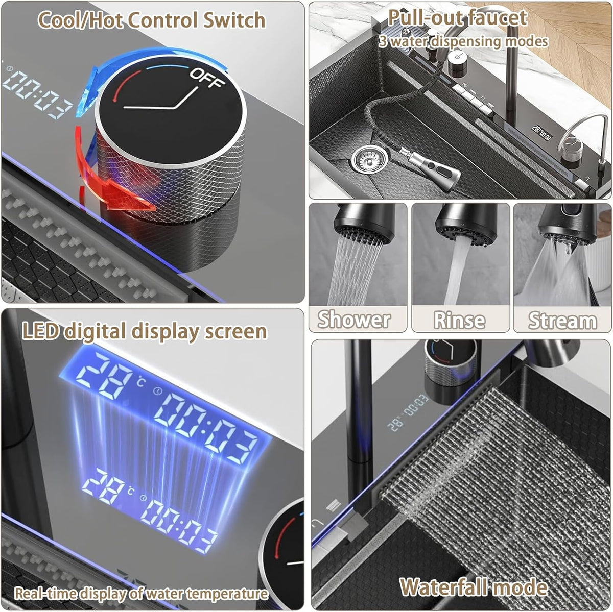 304 Stainless Steel Kitchen Piano Sink with Digital Display & Pull-Down Faucet – Black
