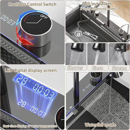 304 Stainless Steel Kitchen Piano Sink with Digital Display & Pull-Down Faucet – Black