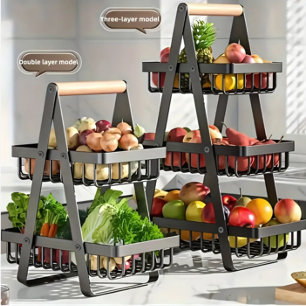 2 & 3 Tier Fruit Basket with Wooden Handles – Matte Black Kitchen Countertop Organizer