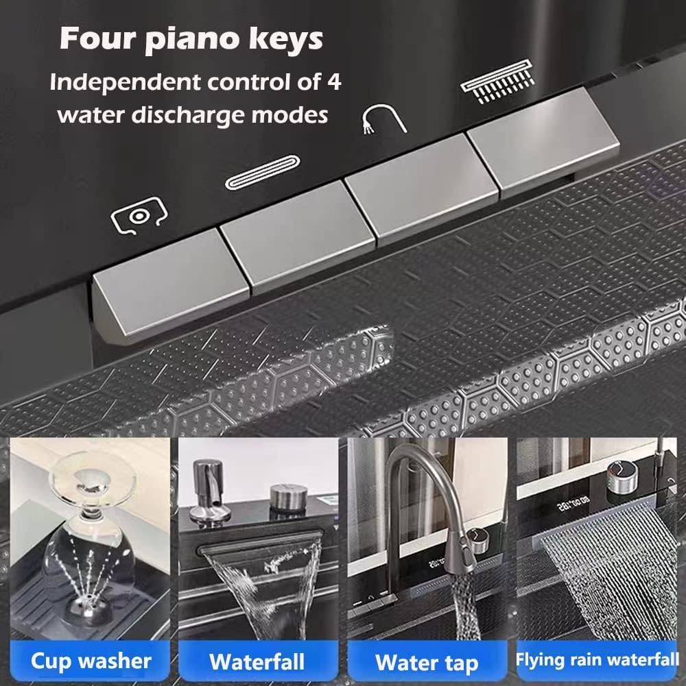 304 Stainless Steel Kitchen Piano Sink with Digital Display & Pull-Down Faucet – Black