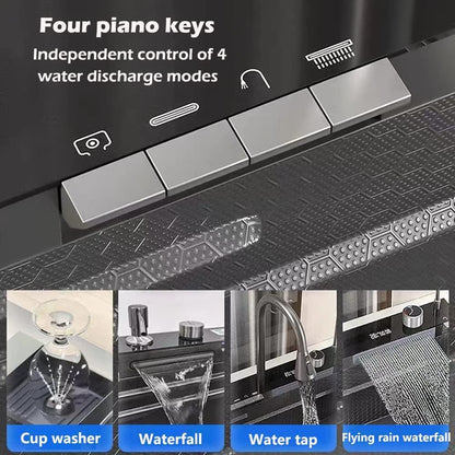 304 Stainless Steel Kitchen Piano Sink with Digital Display & Pull-Down Faucet – Black