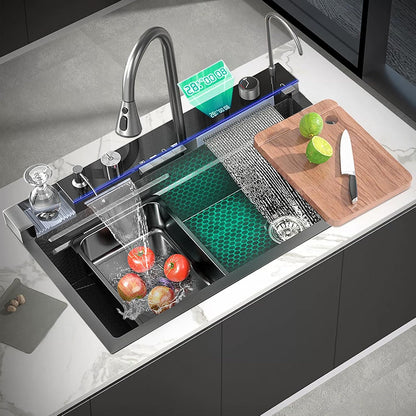304 Stainless Steel Kitchen Piano Sink with Digital Display & Pull-Down Faucet – Black