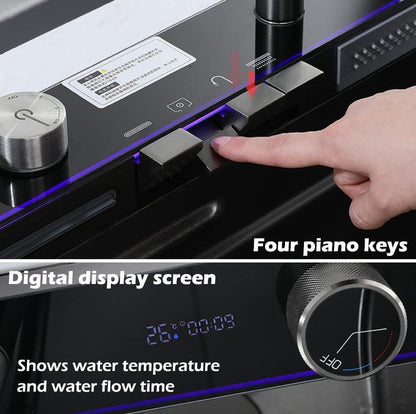 304 Stainless Steel Kitchen Piano Sink with Digital Display & Pull-Down Faucet – Black