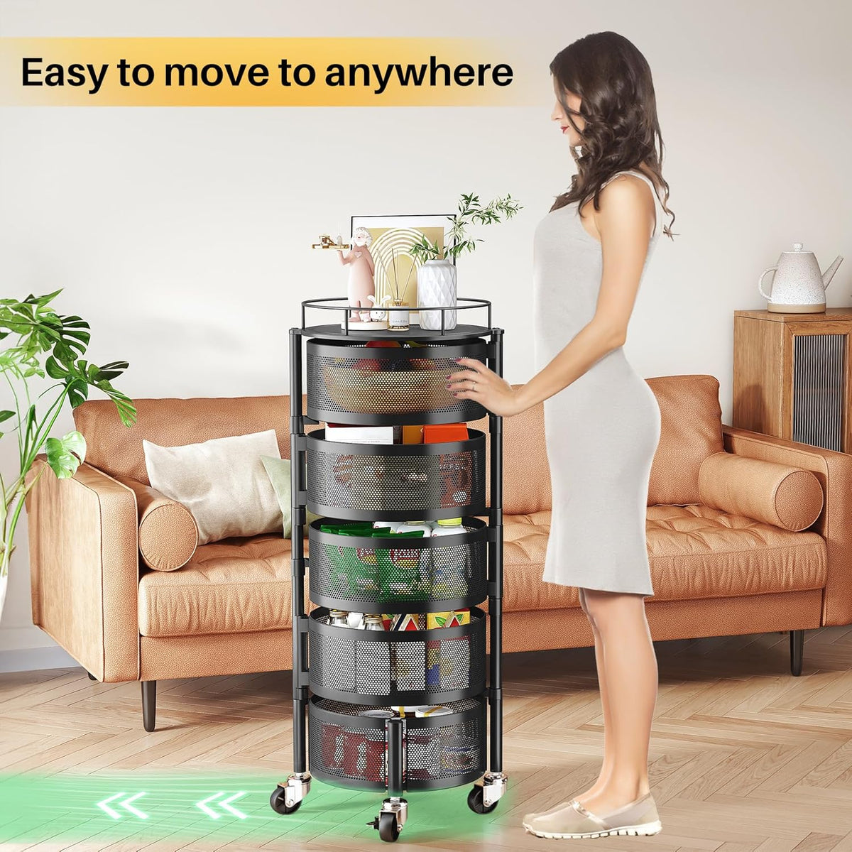 3/4/5 Tier 360° Rotating Stainless Steel Fruit & Vegetable Storage Rack with Wheels – Square & Goal Kitchen Basket