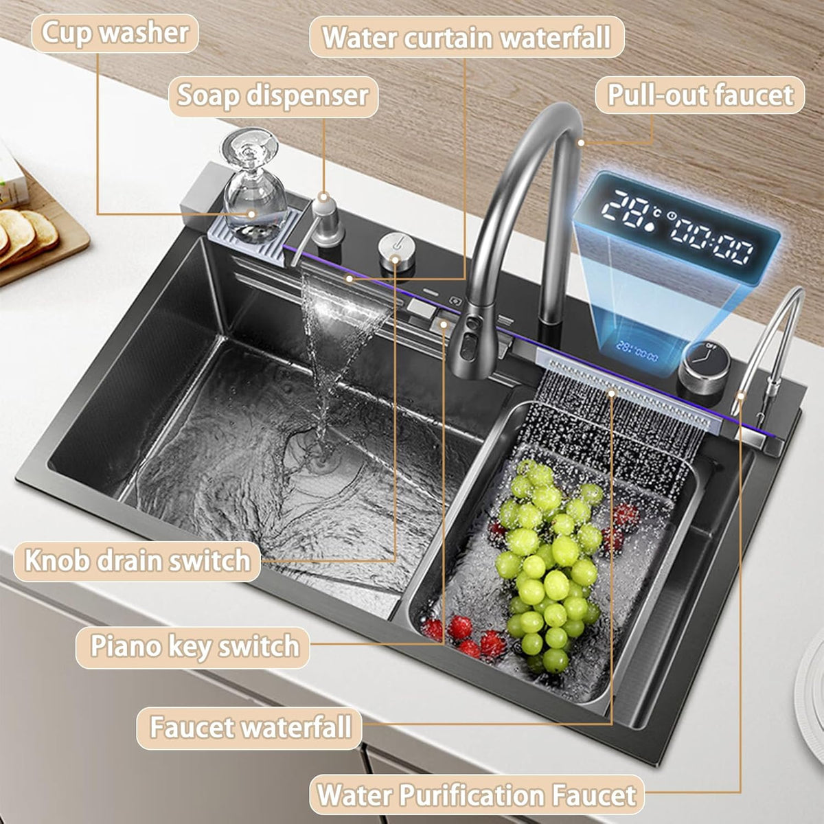 304 Stainless Steel Kitchen Piano Sink with Digital Display & Pull-Down Faucet – Black