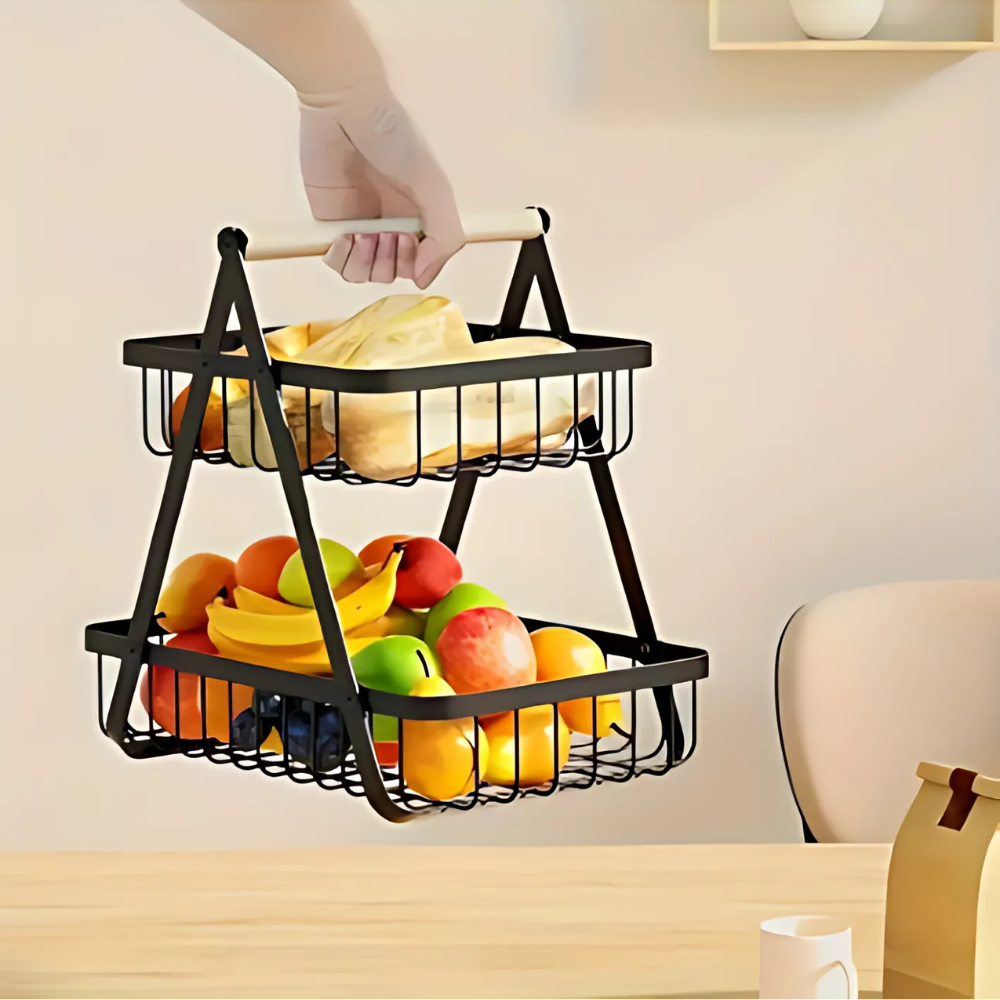 2 & 3 Tier Fruit Basket with Wooden Handles – Matte Black Kitchen Countertop Organizer