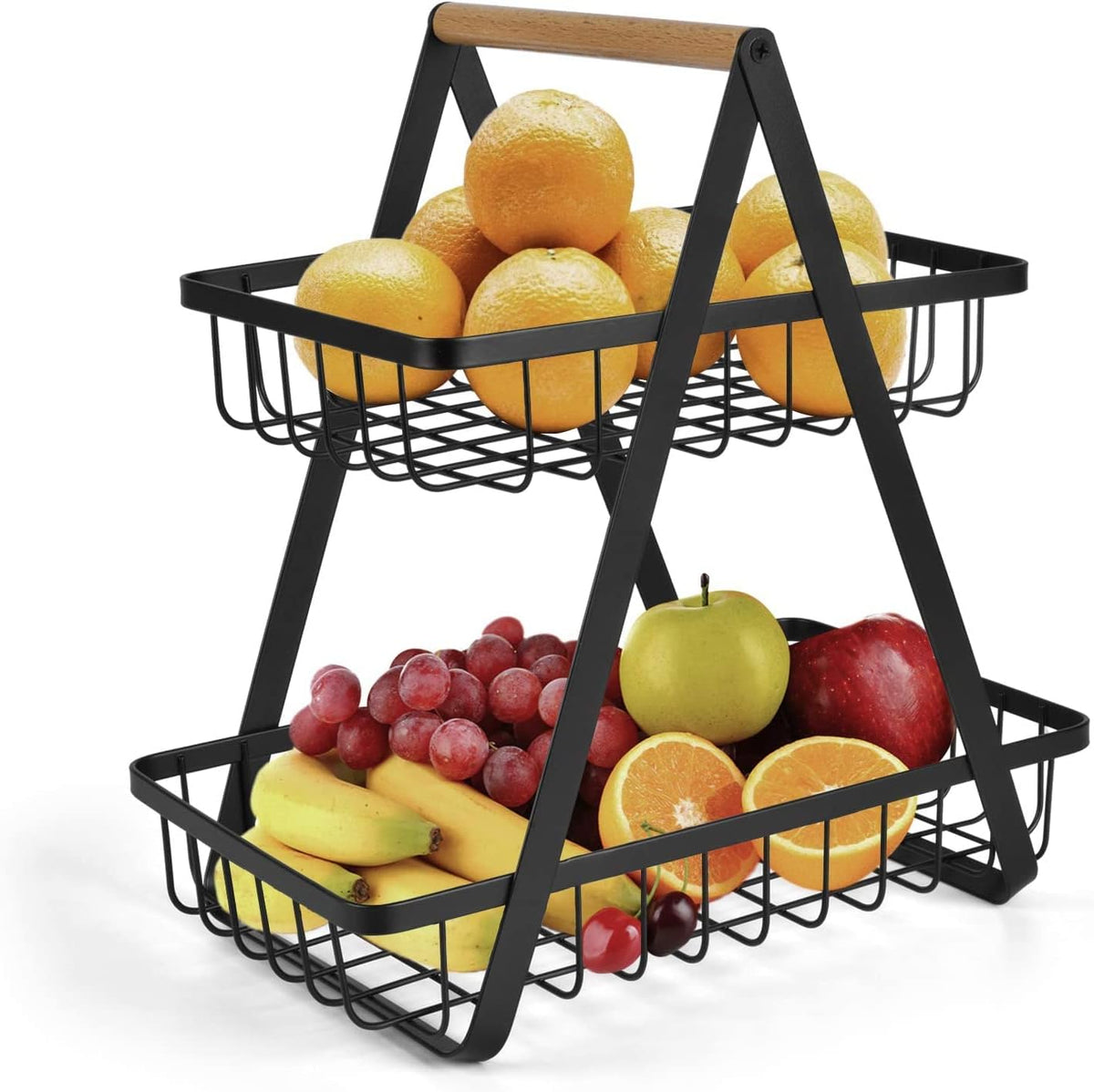2 & 3 Tier Fruit Basket with Wooden Handles – Matte Black Kitchen Countertop Organizer