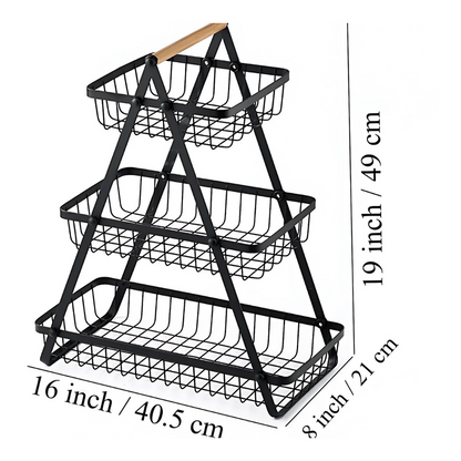 2 & 3 Tier Fruit Basket with Wooden Handles – Matte Black Kitchen Countertop Organizer