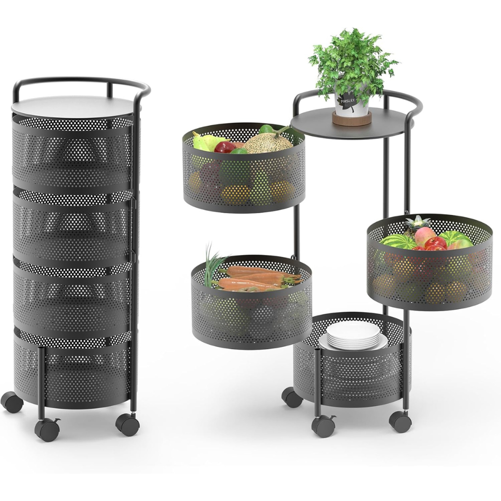 3/4/5 Tier 360° Rotating Stainless Steel Fruit & Vegetable Storage Rack with Wheels – Square & Goal Kitchen Basket