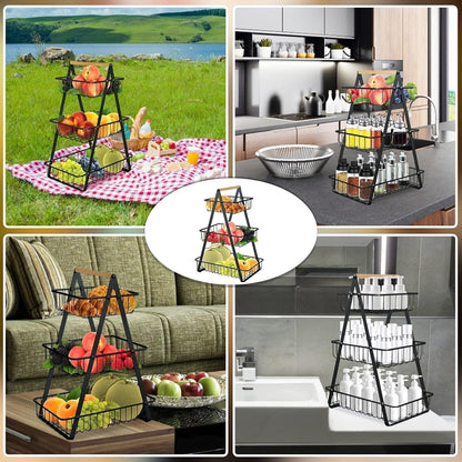 2 & 3 Tier Fruit Basket with Wooden Handles – Matte Black Kitchen Countertop Organizer