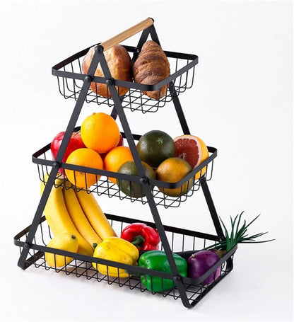 2 & 3 Tier Fruit Basket with Wooden Handles – Matte Black Kitchen Countertop Organizer