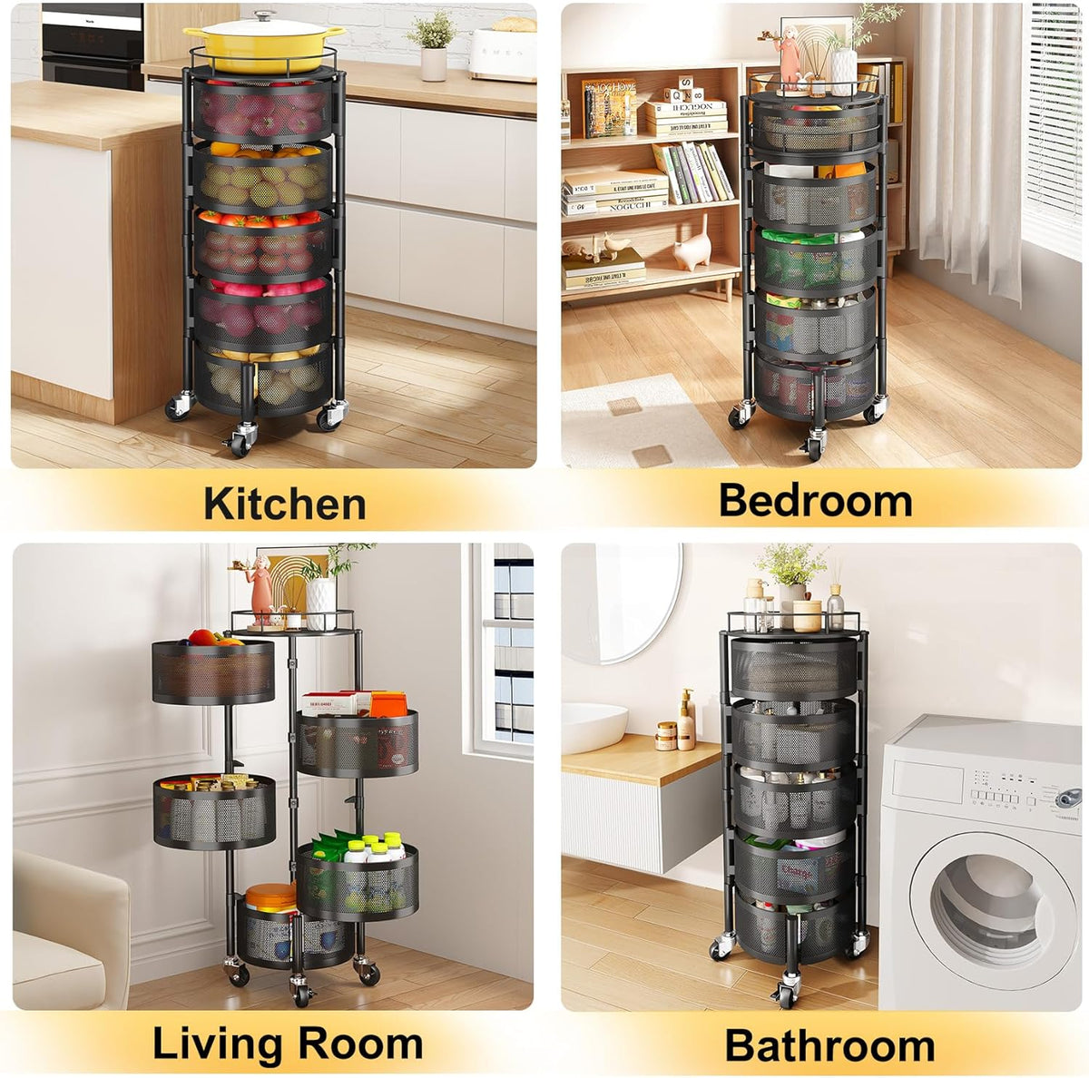 3/4/5 Tier 360° Rotating Stainless Steel Fruit & Vegetable Storage Rack with Wheels – Square & Goal Kitchen Basket