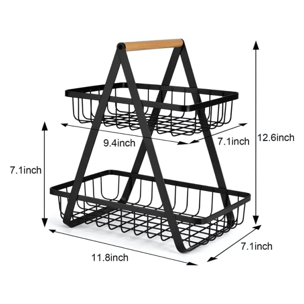2 & 3 Tier Fruit Basket with Wooden Handles – Matte Black Kitchen Countertop Organizer