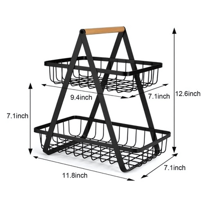 2 & 3 Tier Fruit Basket with Wooden Handles – Matte Black Kitchen Countertop Organizer