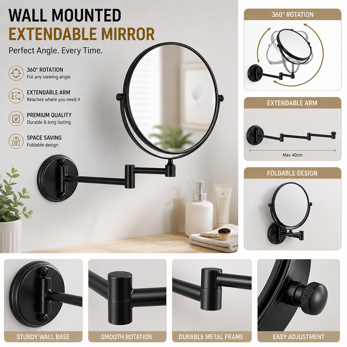 360° Wall Mounted Double-Sided Magnifying Makeup & Shaving Mirror (1X/3X Zoom)