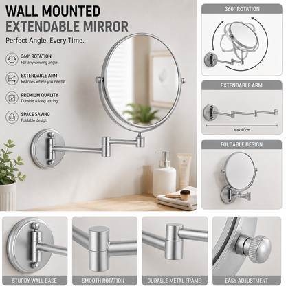 360° Wall Mounted Double-Sided Magnifying Makeup & Shaving Mirror (1X/3X Zoom)