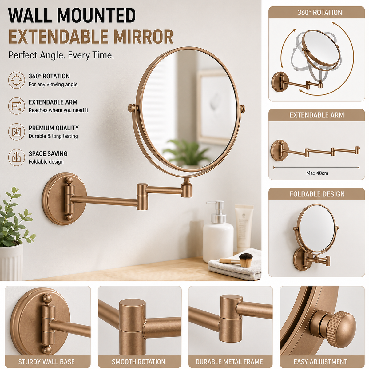 360° Wall Mounted Double-Sided Magnifying Makeup & Shaving Mirror (1X/3X Zoom)