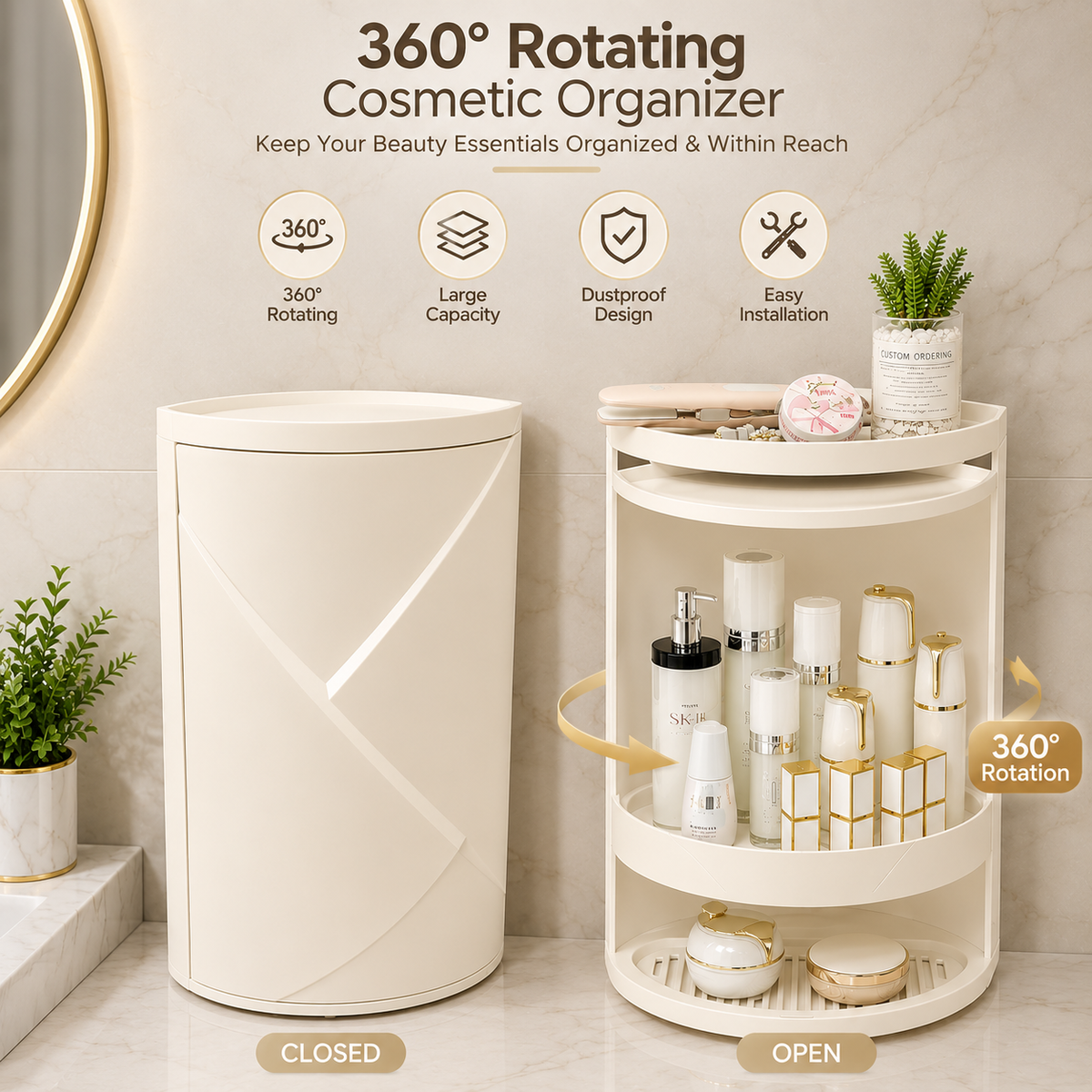 HNH 360° Rotating Bathroom Corner Cabinet – 2 & 3 Layer Wall Mounted Storage Organizer