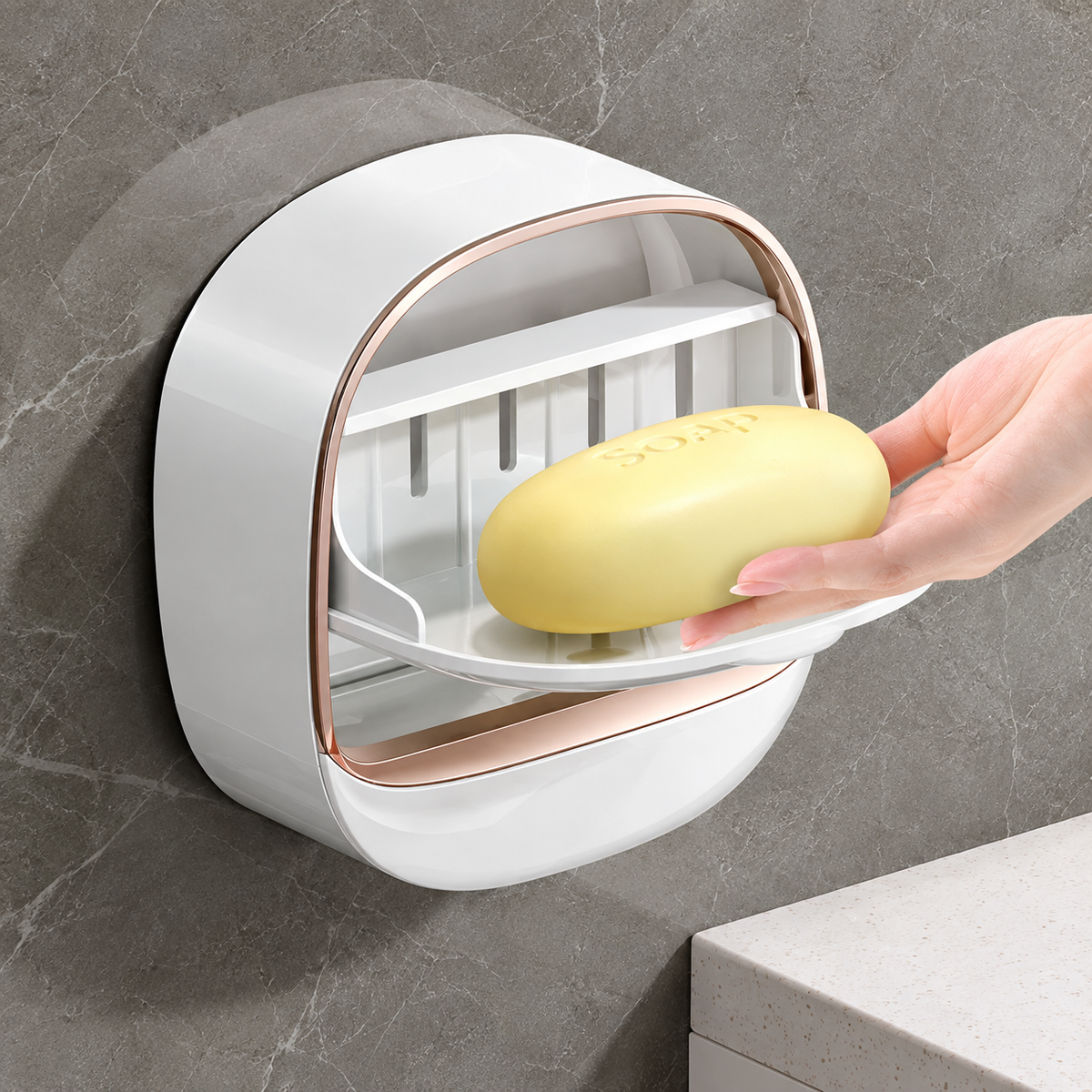 Wall Mounted Soap Box with Flip Cover & Drainage Tray